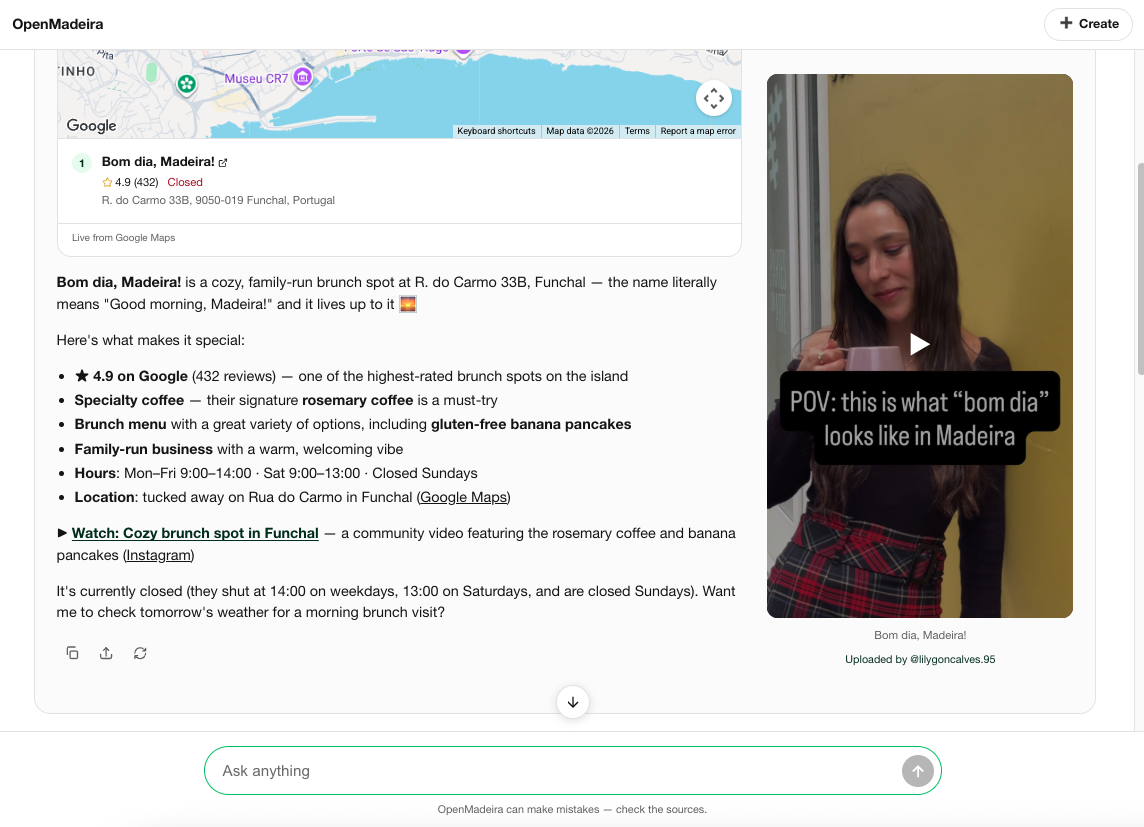 An OpenMadeira answer about a Funchal brunch spot, showing a live Google map, ratings and opening hours, source links, and a community-contributed video on the right.