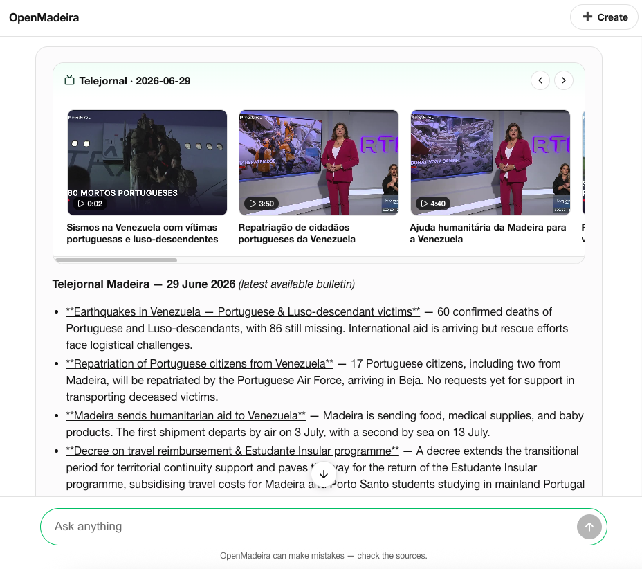 OpenMadeira's summary of the RTP Telejornal Madeira television bulletin, with video thumbnails across the top and a topic-by-topic summary below.